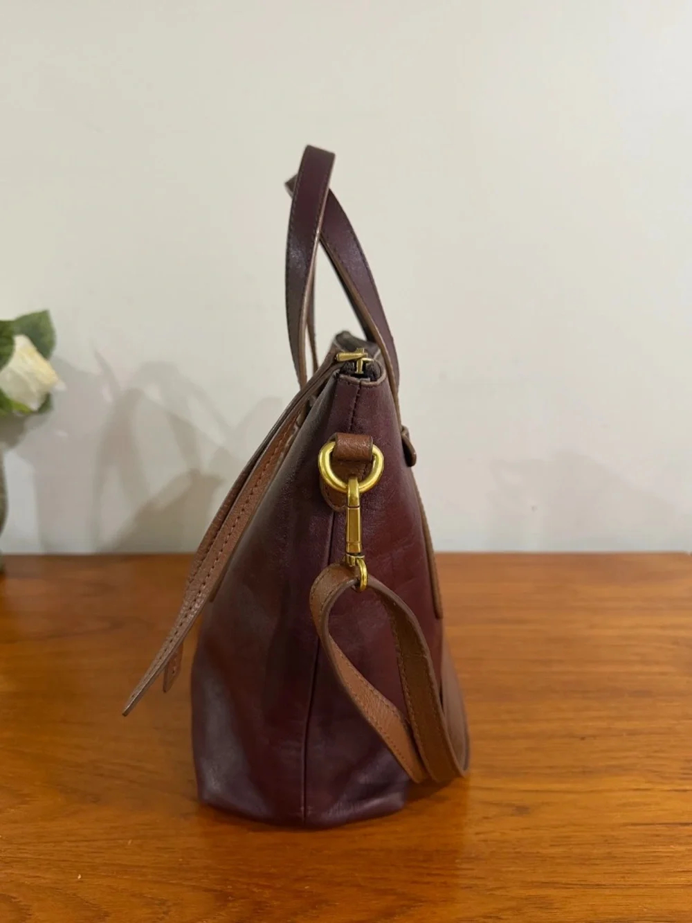 Fossil Felicity Bordeaux Leather Satchel Tote Bag Purse